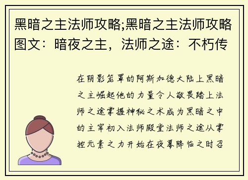 黑暗之主法师攻略;黑暗之主法师攻略图文：暗夜之主，法师之途：不朽传说